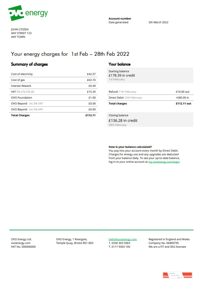 United Kingdom Ovo Energy electricity bill, Word and PDF template
